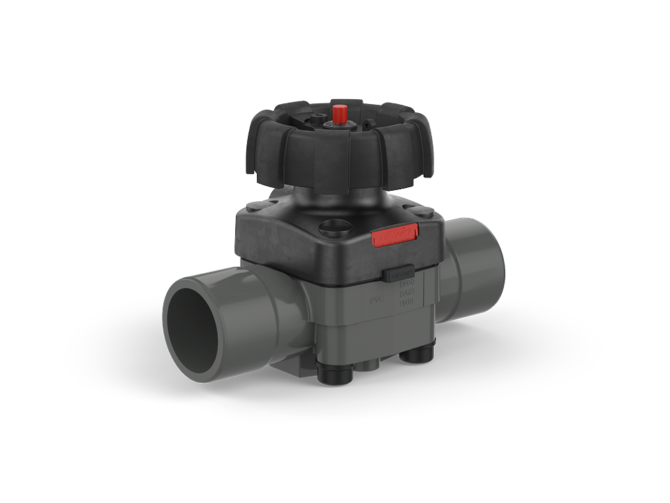 Manual plastic diaphragm valve with adhesive sleeve connections and visual position indicator – ideal for water treatment, the chemical industry, and process engineering.