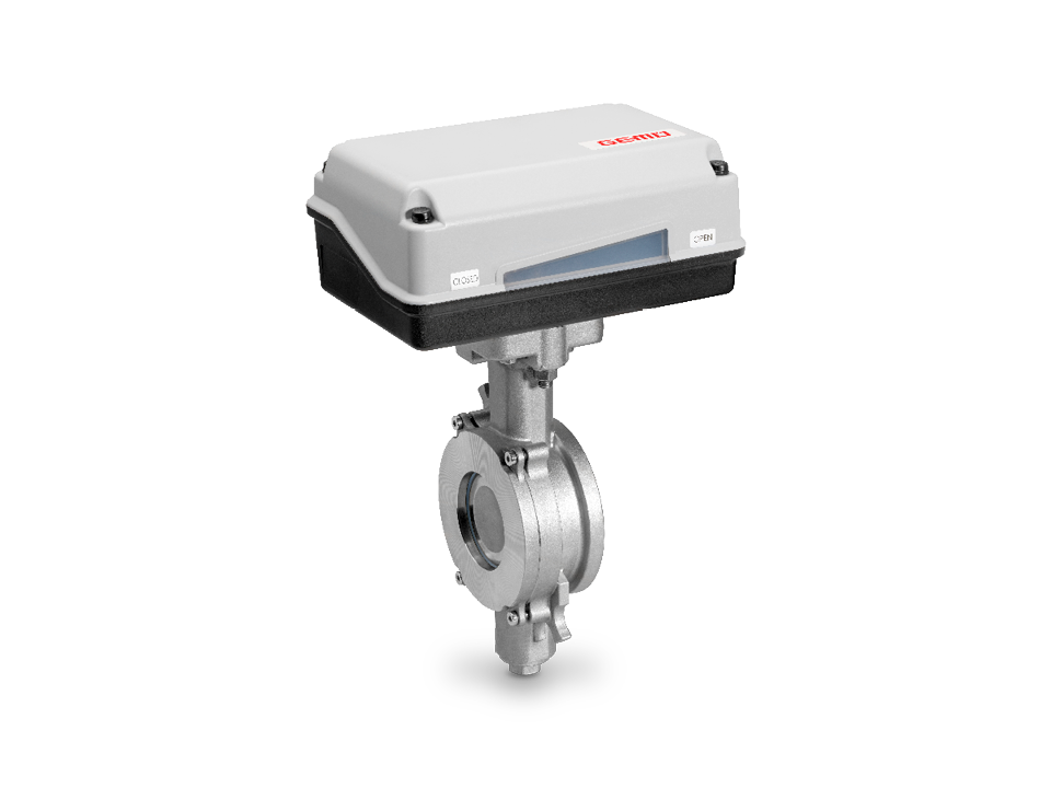 Electrically operated high-performance shut-off damper made of stainless steel with PTFE lining and flange connection – ideal for the chemical, pharmaceutical, and food industries.