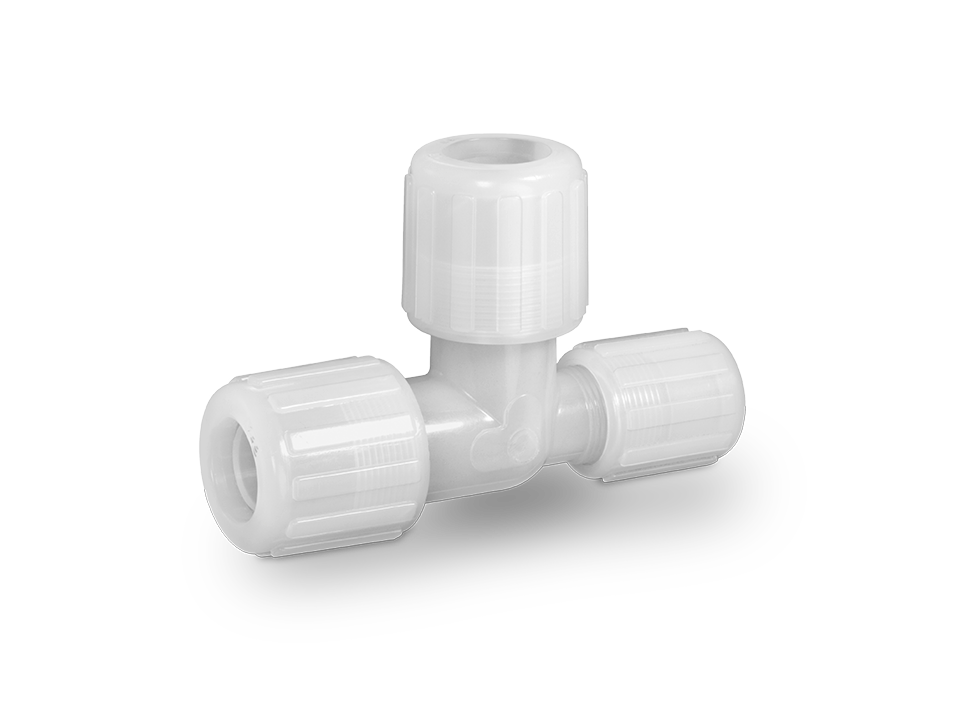 T-piece fitting made of white plastic with three connections and knurled union nuts for secure hose connections, ideal for industrial applications.