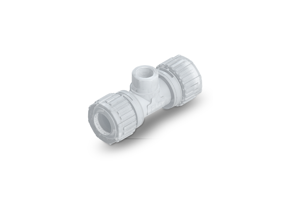 Winkel-Fitting aus PFA mit 90-Grad-Biegung, Nexus Connect und NPT-Gewinde, temperatur- und druckbeständig, mit Gauge Ring.

