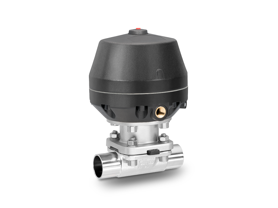 Pneumatically operated stainless steel diaphragm valve with weld ends and plastic actuator housing – ideal for the pharmaceutical, biotechnology, and food industries.