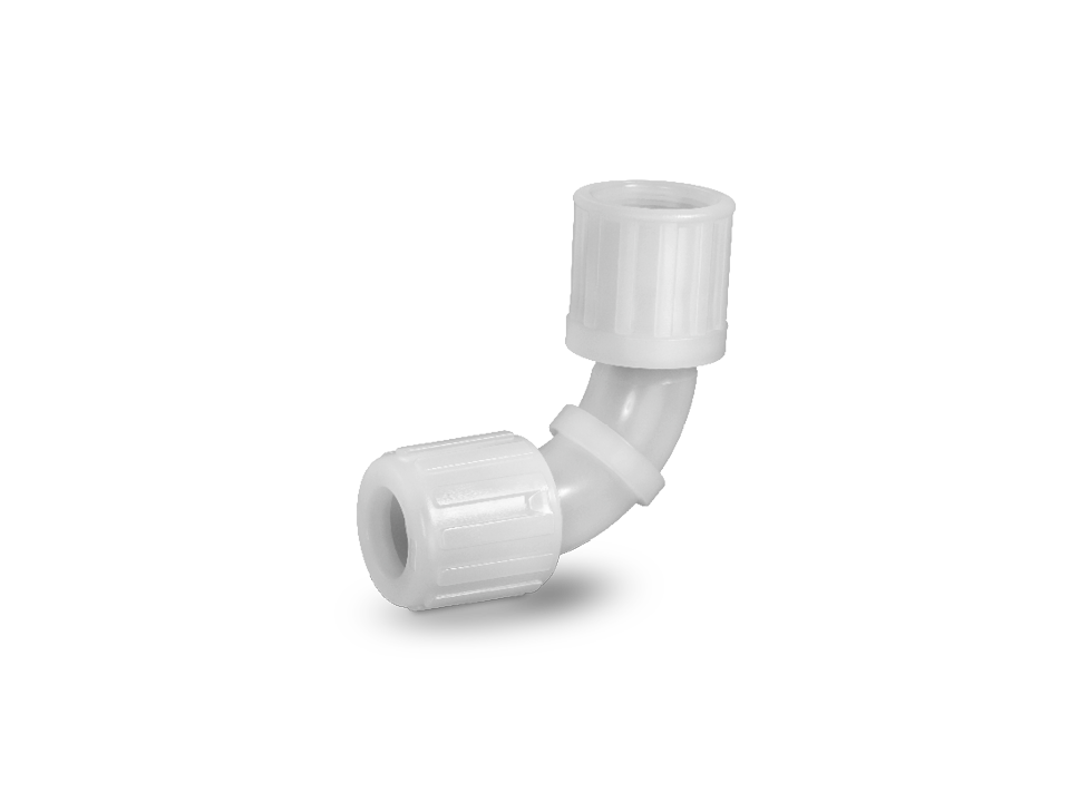 Curved angle fitting made of white plastic with threaded connections for secure 90-degree diversions in industrial pipe systems.
