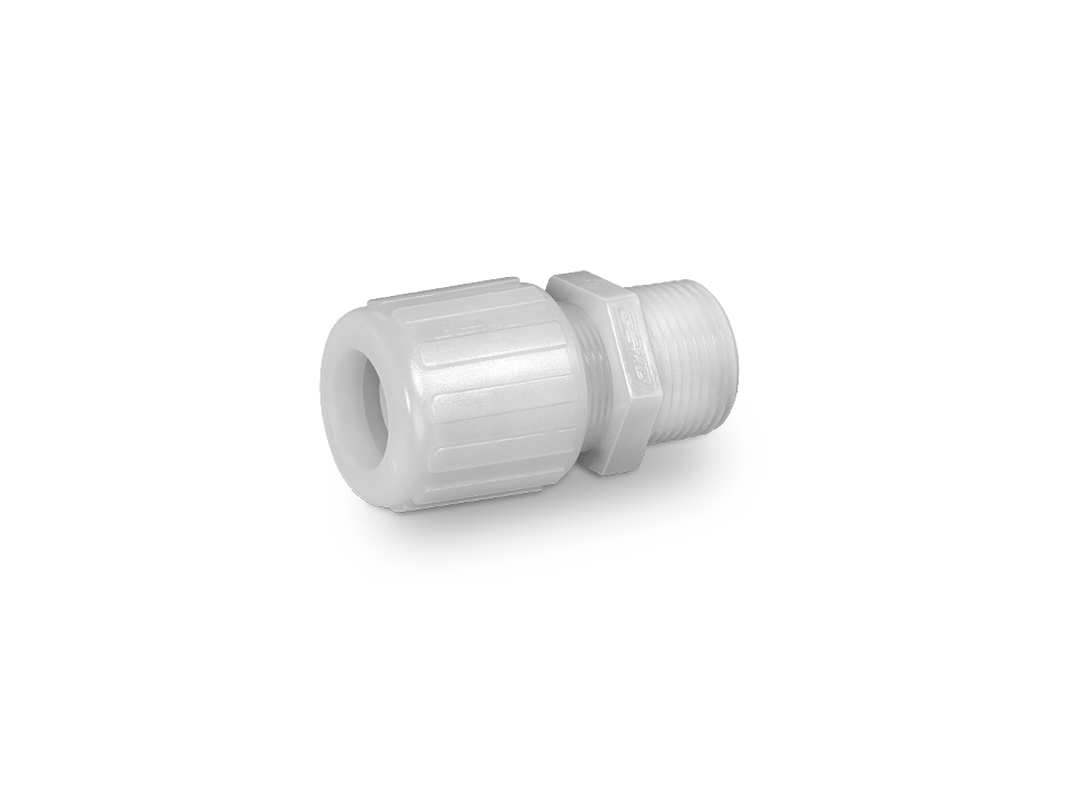 Straight hose fitting with union nut and external thread made of white plastic for sterile and chemical applications.,Straight hose fitting with union nut and external thread made of white plastic for sterile and chemical applications.