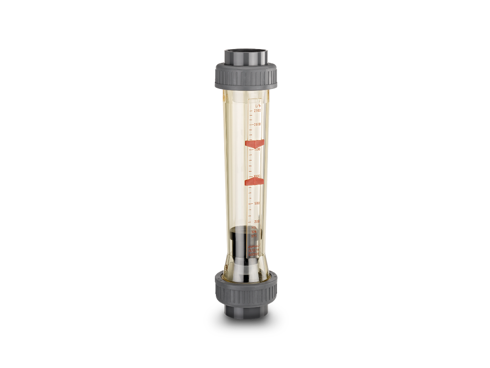 Mechanical flow meter with transparent measuring tube, scale, and red markings for flow control in piping systems.