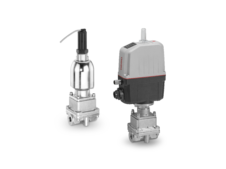 Two industrial globe valves – left: pneumatic with stainless steel actuator, right: electric with compact control actuator – for precise flow control in piping systems.