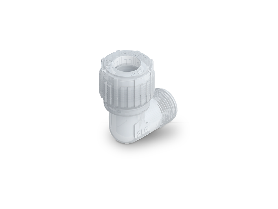 Nexus Connect angle fitting made of PFA for secure 90-degree pipe connections in cleanroom applications.