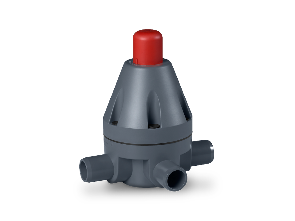 Plastic pressure control valve with three connections and red adjustment knob for precise pressure control in industrial applications.