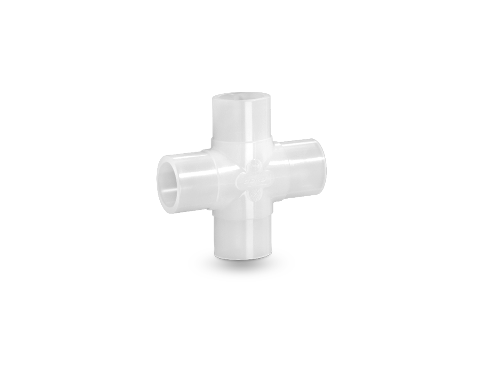Cross fitting made of white plastic with four smooth pipe connections for hygienic branch connections in industrial applications.,Cross fitting made of white plastic with four smooth pipe connections for hygienic branch connections in industrial applicati