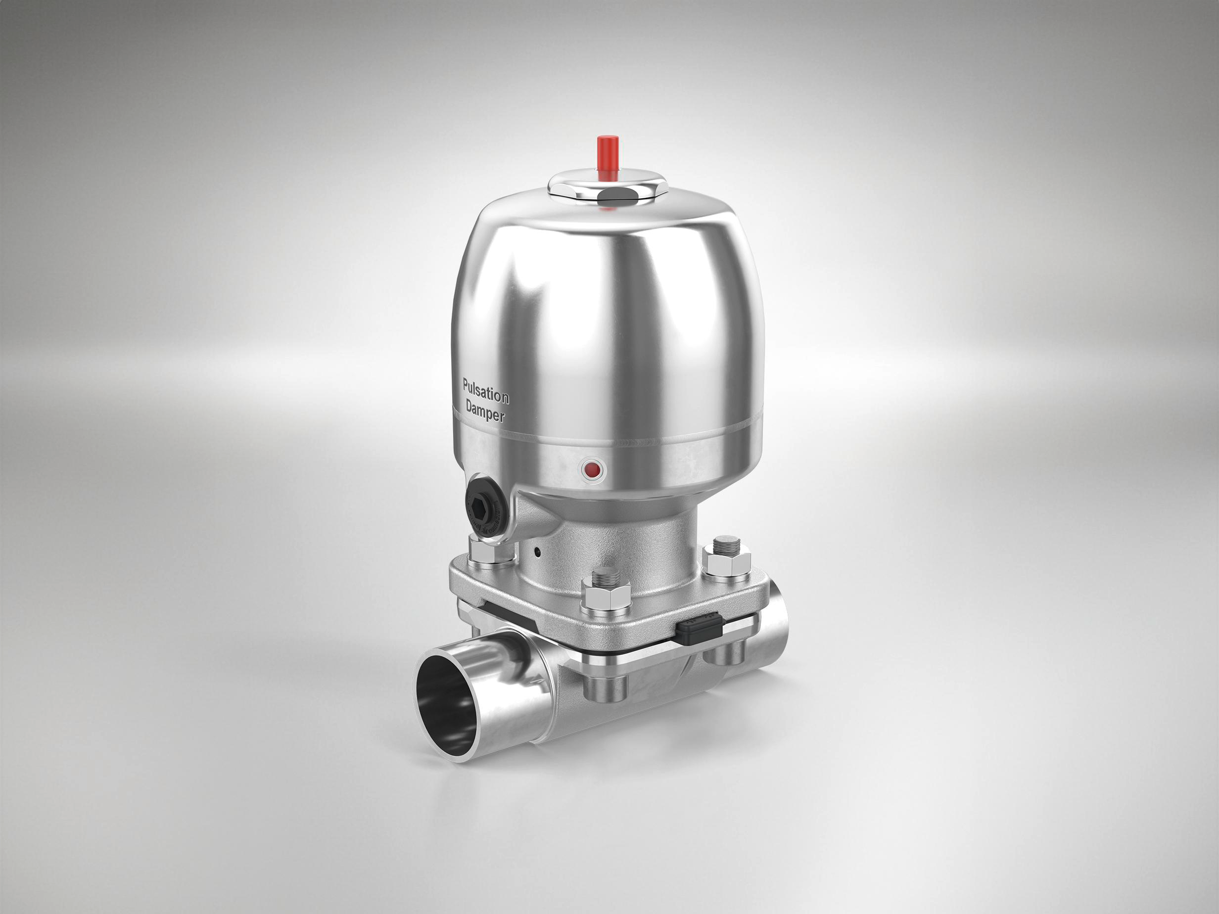 Stainless steel pulsation dampers from GEMÜ for pressure stabilisation.