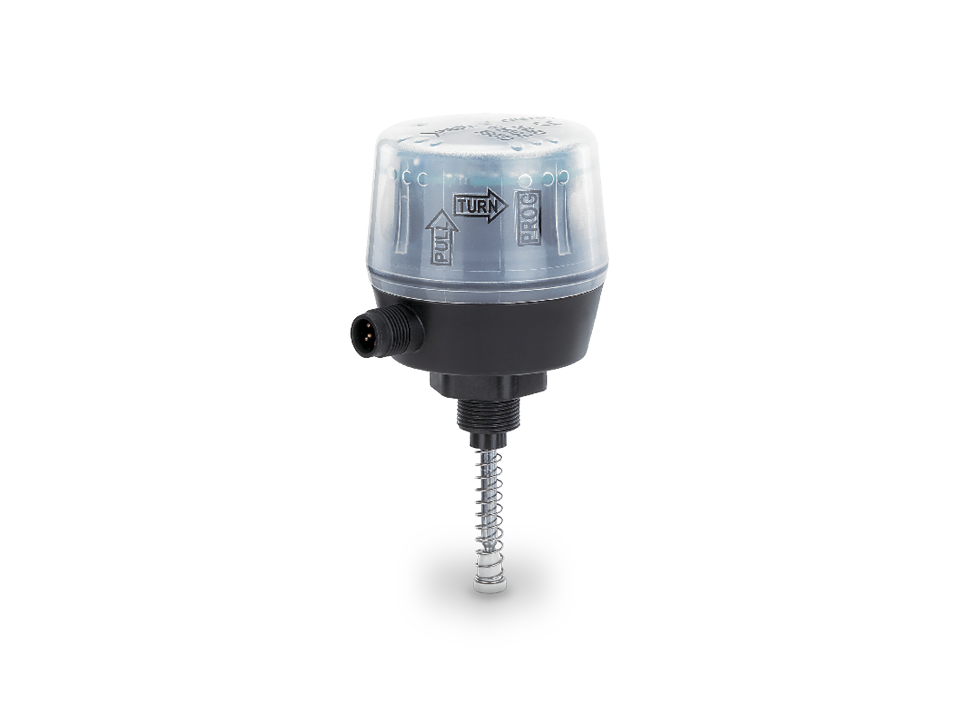 Position indicator with transparent cover, electrical interface, and actuating rod for monitoring valve position in industrial applications.