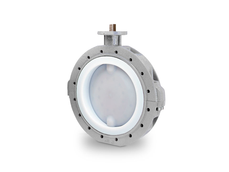 Vanne papillon avec revêtement PTFE et raccord à bride – idéale pour l'industrie chimique, pharmaceutique et alimentaire avec des exigences élevées en matière de résistance à la corrosion.