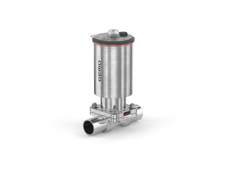 Stainless steel diaphragm valve with pneumatic actuator and hygienic design for the food and pharmaceutical industries.