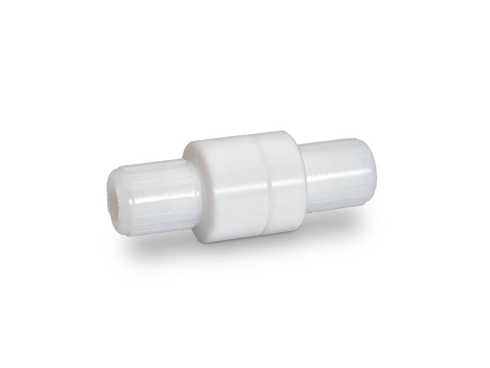 Check valve made of transparent plastic with threaded connections to prevent backflow in industrial applications.
