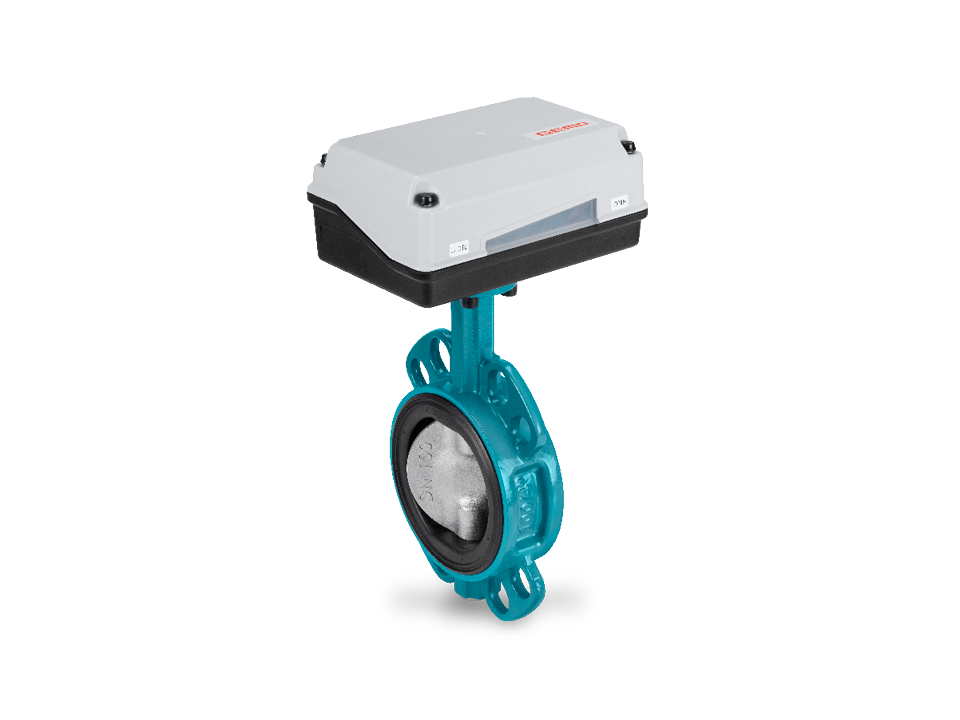 Electrically operated butterfly valve with stainless steel disc, elastic seal and flange connection – ideal for water treatment, chemical and industrial automation.