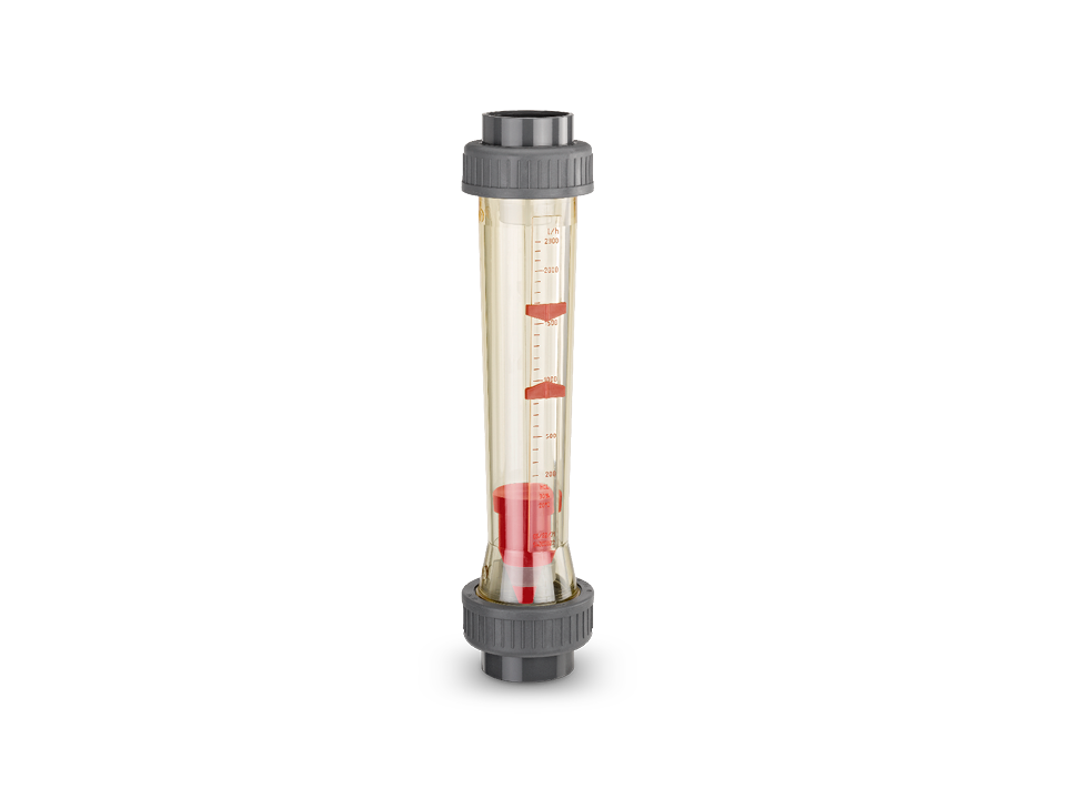Flow meter with transparent measuring tube, red float and scale for flow control in piping systems, industrial use.