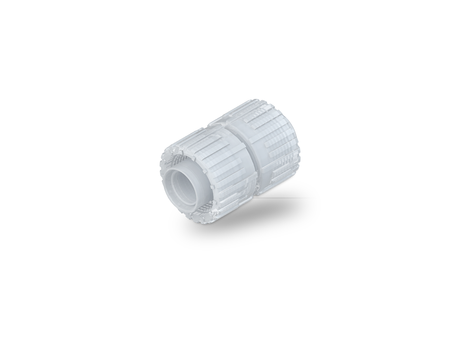Compact angle connector made of PFA with Nexus Connect SpaceSaver connection for precise media guidance in cleanroom systems.,Compact angle connector made of PFA with Nexus Connect SpaceSaver connection for precise media guidance in cleanroom systems.,Com