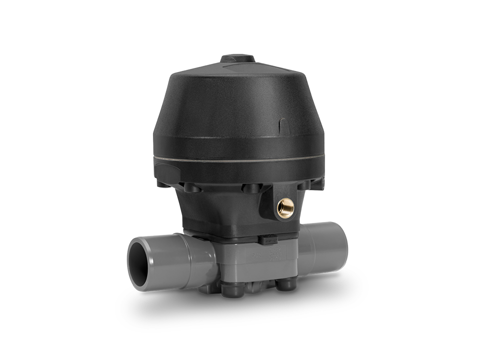Pneumatic diaphragm valve made of plastic with adhesive sleeve connections – ideal for water treatment, chemical industry, and process engineering.