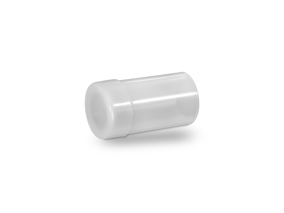 White plastic end cap for securely closing pipe or hose ends in industrial applications.