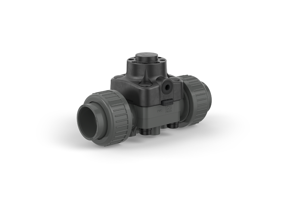 Pneumatic diaphragm valve made of plastic with screw connections – ideal for the chemical industry, water treatment, and process control.