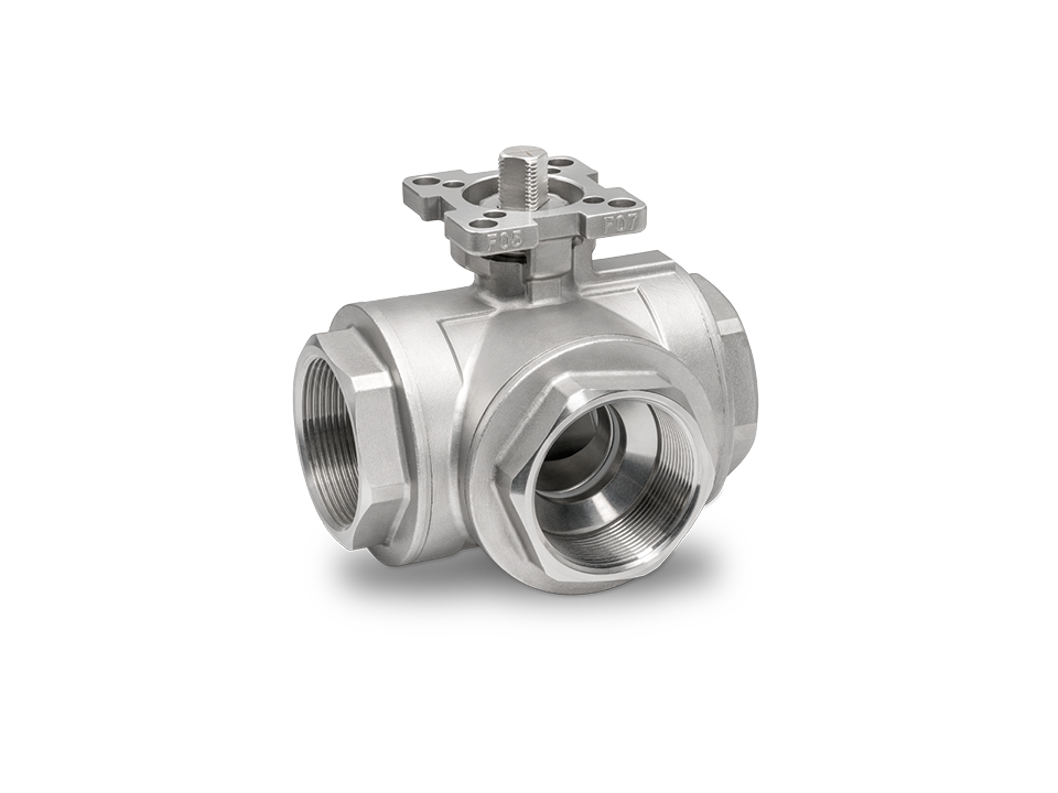 Three-way ball valve made of stainless steel with female thread connection and mounting plate – ideal for the chemical, pharmaceutical, and food industries.