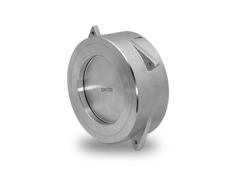 Clapet anti-retour en acier inoxydable avec clapet central et pattes de fixation pour une prévention fiable du reflux dans les systèmes de tuyauterie industriels.
