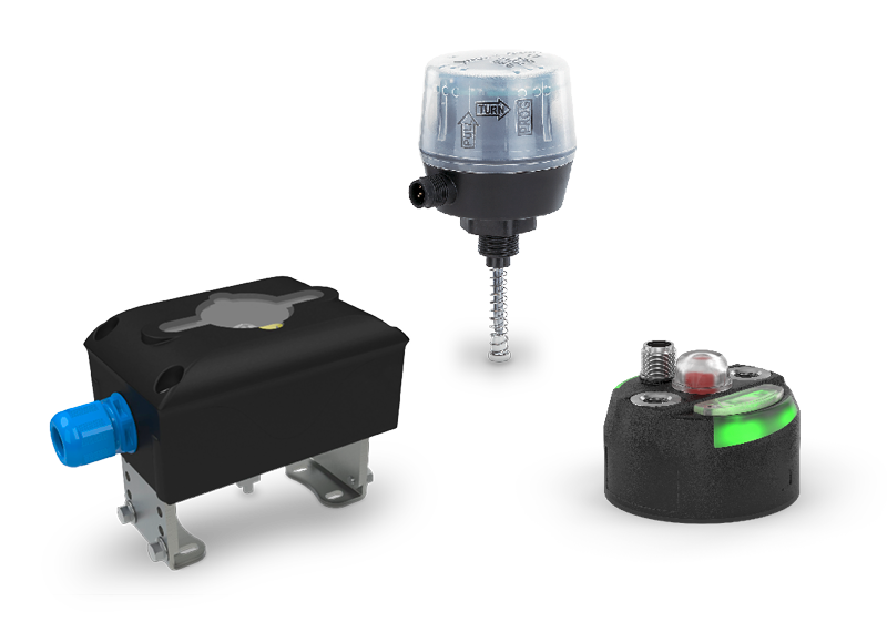 Three GEMÜ components for feedback and control of valve positions.