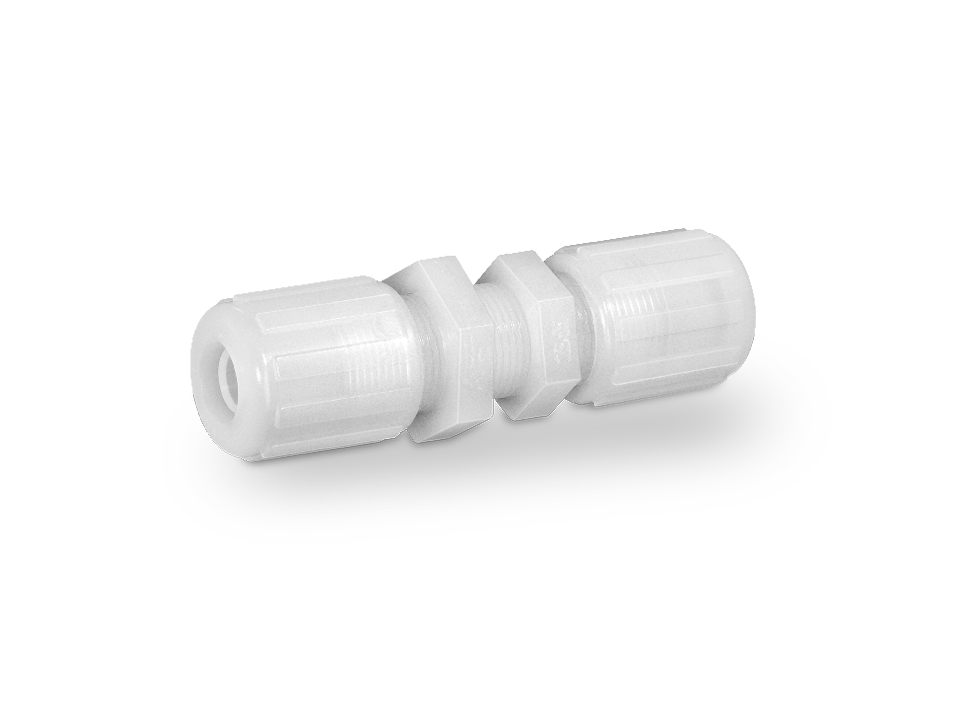 Straight PFA connection fitting with two clamp screw connections and hex nut for pure and chemically resistant applications.