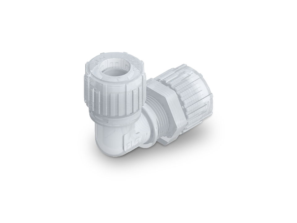 Nexus Connect 90-degree fitting made of PFA with gauge ring for secure, temperature-resistant, and leak-free pipe connections
