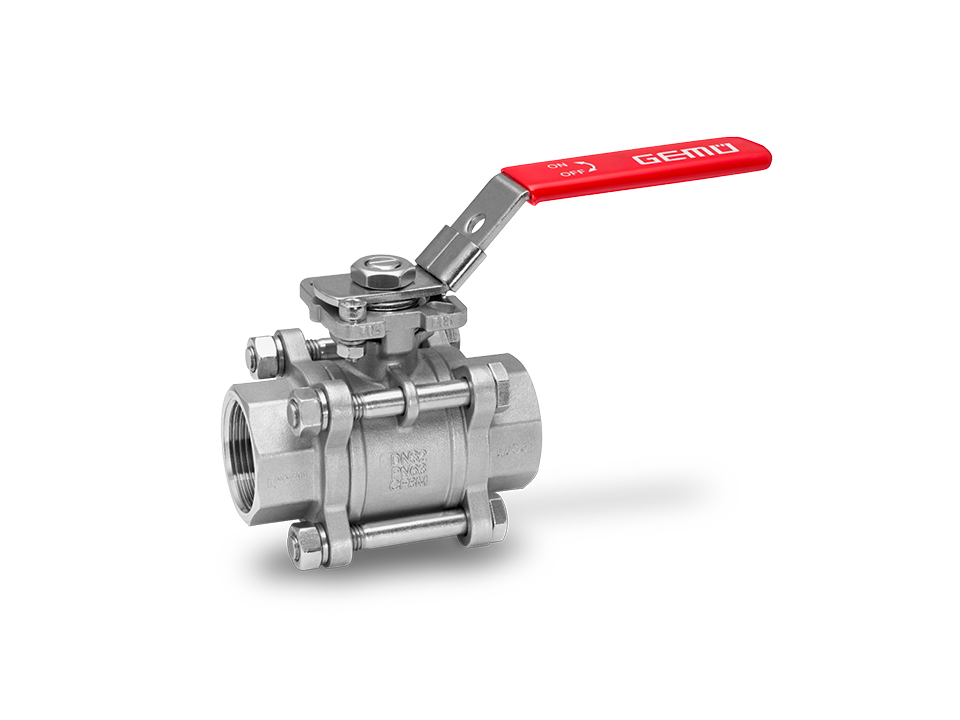 Manual ball valve made of stainless steel with female thread connection and red hand lever – ideal for the chemical, pharmaceutical, and food industries.