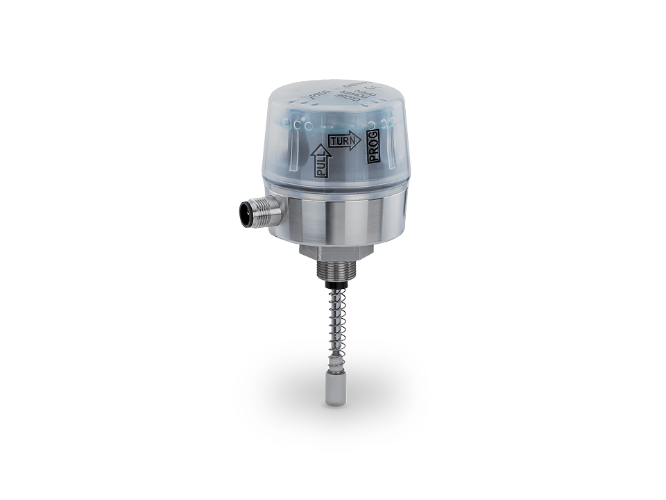 Stainless steel position indicator with translucent cover, electrical connection, and actuating rod for precise valve monitoring in industrial applications.
