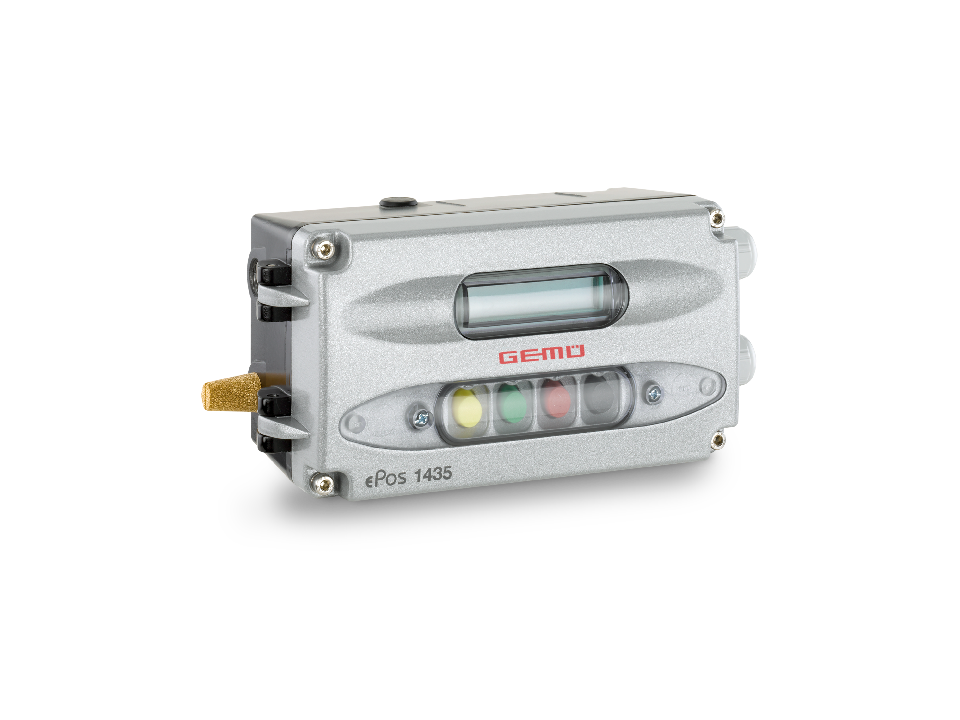 GEMÜ ePos 1435 Position and process controller with LED display and viewing window for position indication in industrial automation processes.