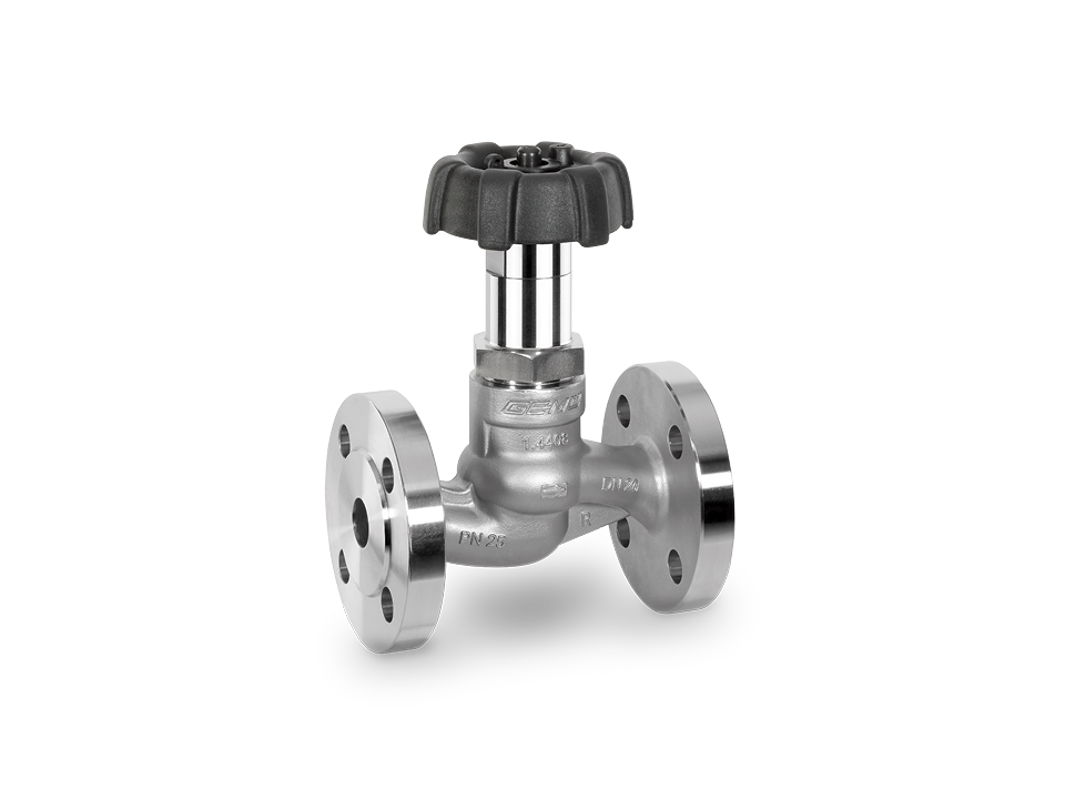 GEMÜ stainless steel globe valve with handwheel and flange connections for manual flow control in industrial applications.