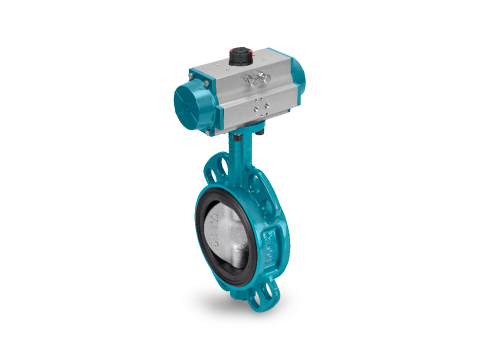 Pneumatically operated butterfly valve with stainless steel disc, elastic seal and flange connection – ideal for water treatment, chemical and industrial automation applications.