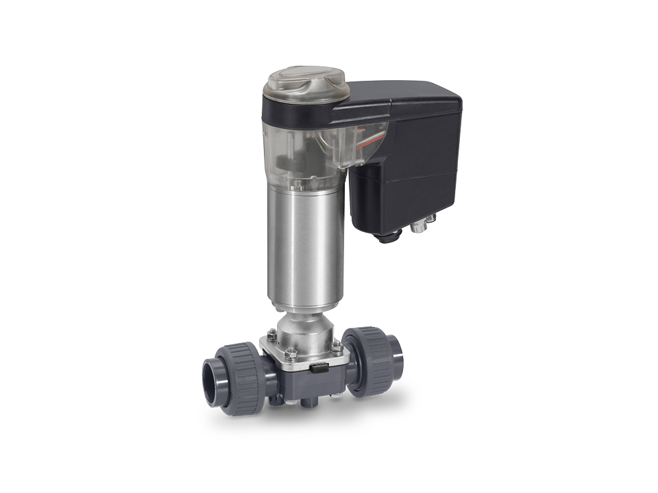 Vanne à membrane électro-pneumatique avec indicateur de position et raccords à vis – idéale pour l'automatisation des processus, le traitement de l'eau et la technologie des procédés chimiques.