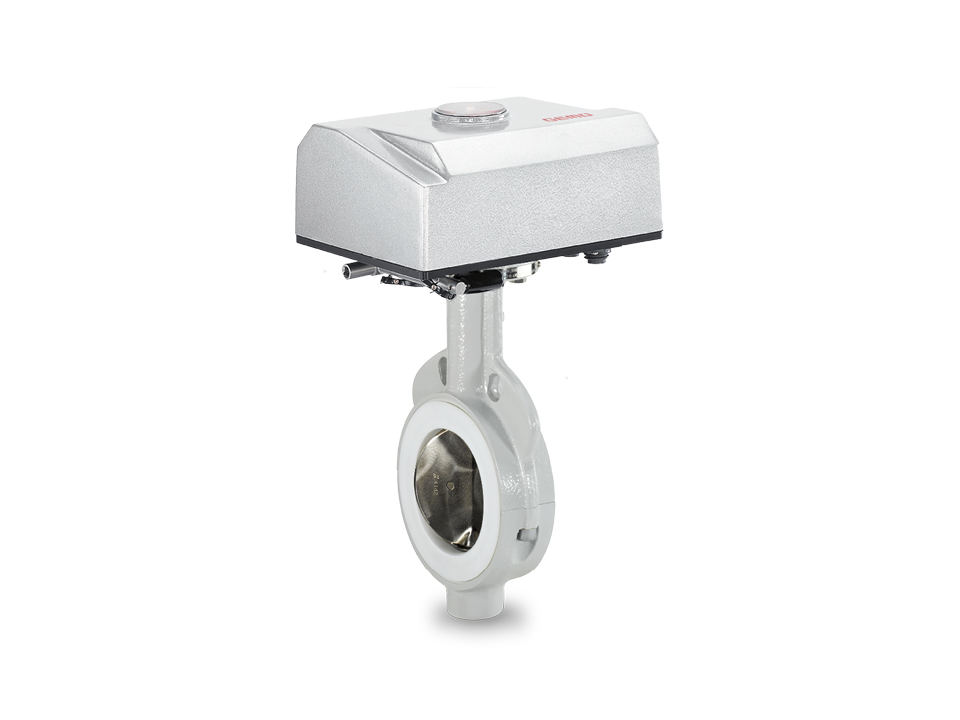 Válvula borboleta operada eletricamente com revestimento de PTFE, disco de aço inoxidável e conexão de flange - ideal para os setores químico, farmacêutico e alimentício.
