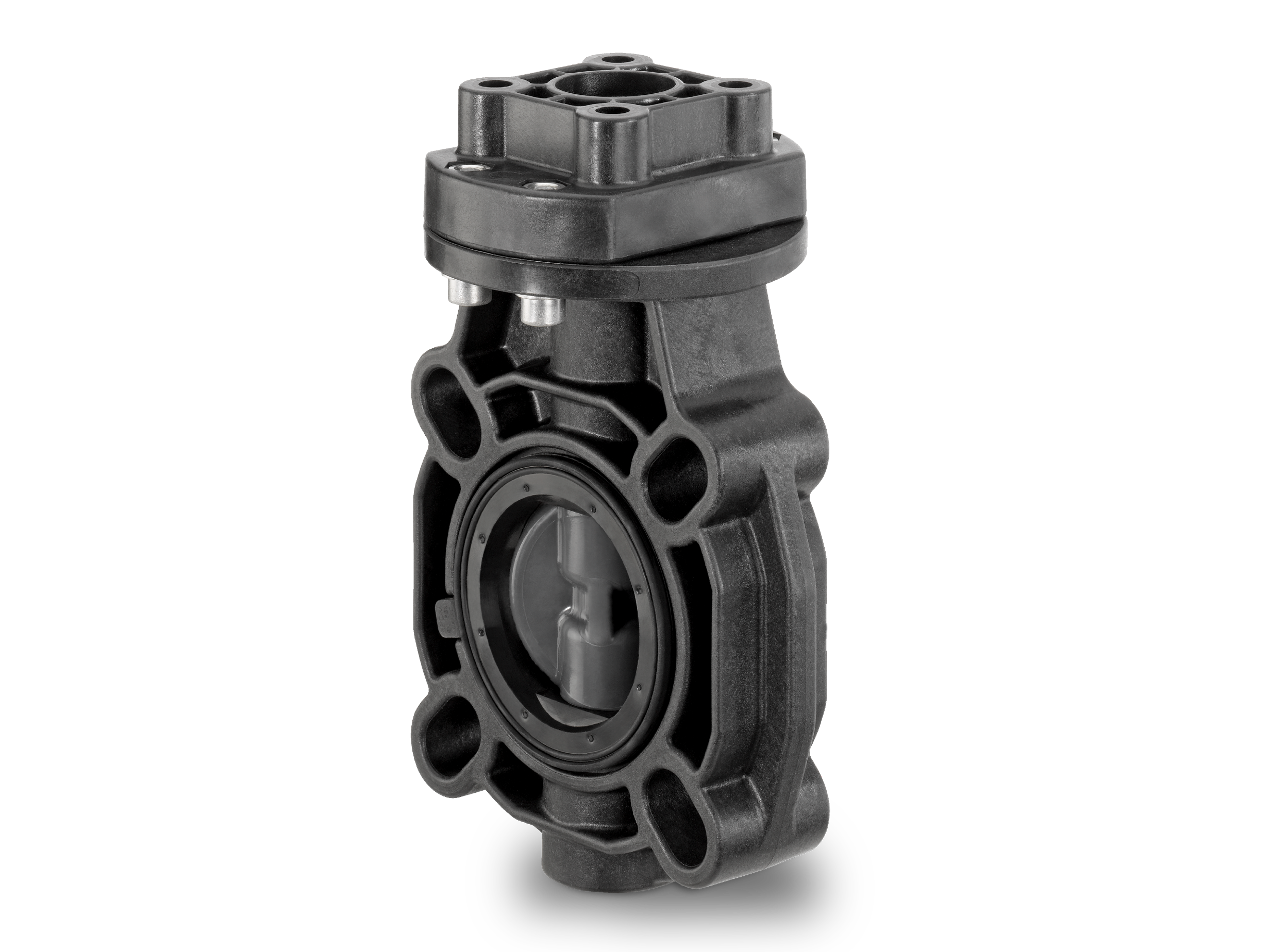 Black type D450 intermediate flange shut-off damper with round opening.