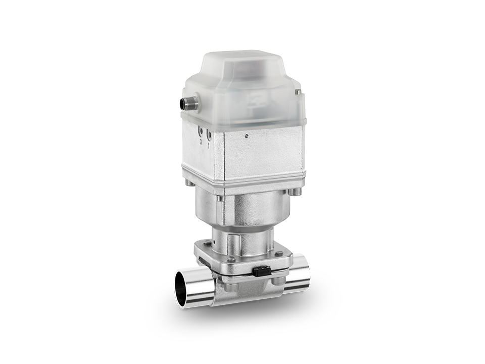 Electrically operated stainless steel diaphragm valve with welded ends and transparent control unit – ideal for the pharmaceutical, biotechnology, and food industries.