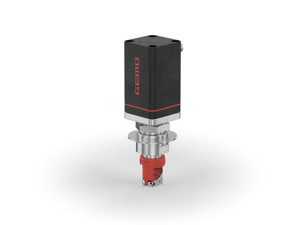 Electric pinch valve with stainless steel body and red pinch element for controlling sensitive media in industrial applications.