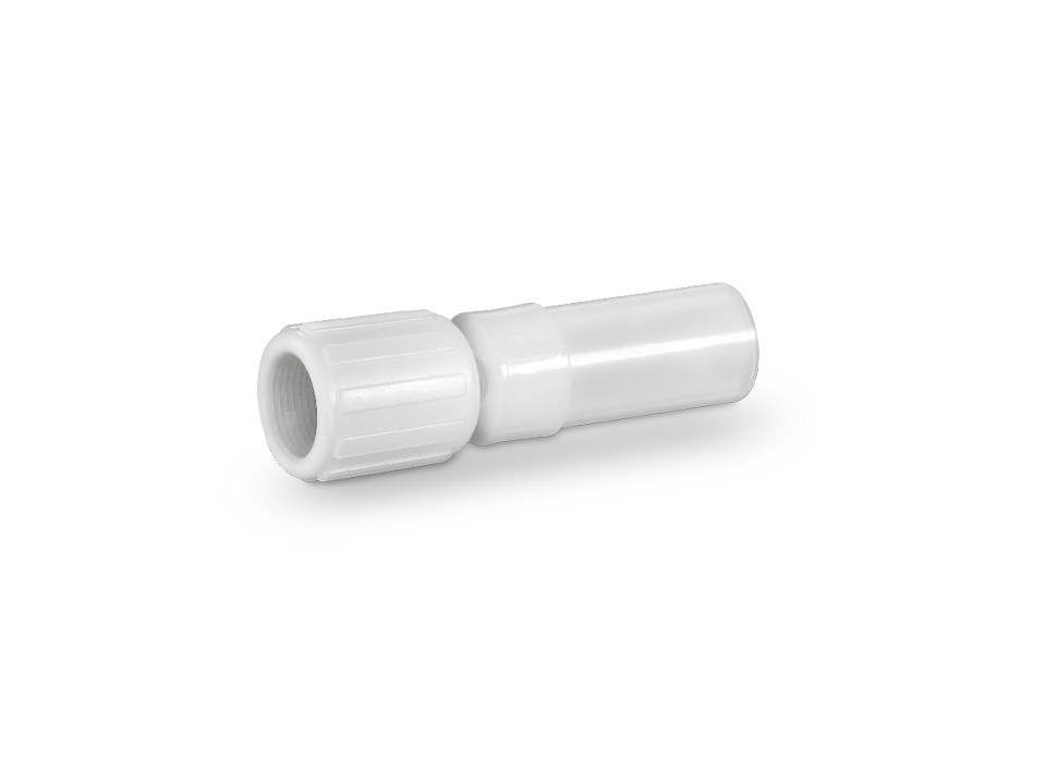 Raccord droit en plastique avec écrou-raccord et raccord lisse pour tuyau flexible, pour des connexions sûres dans les applications industrielles.