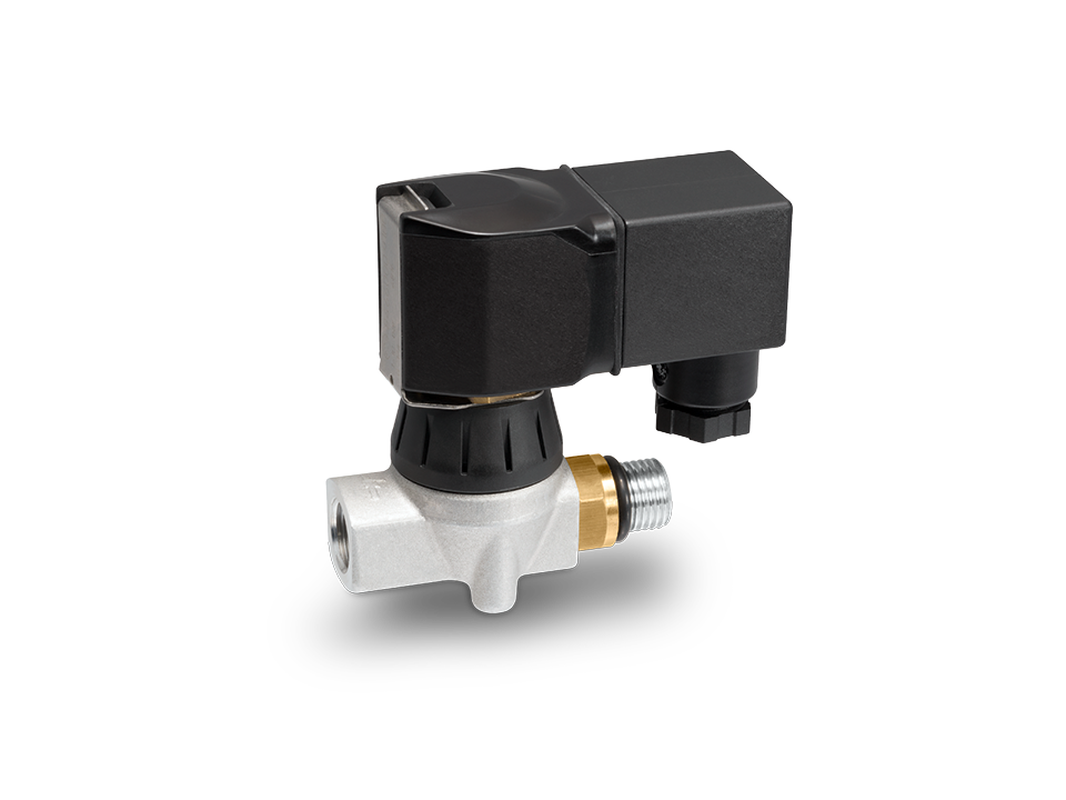 Soupape pilote avec boîtier en laiton et actionneur électrique noir pour la commande précise de systèmes pneumatiques ou hydrauliques dans l'industrie.