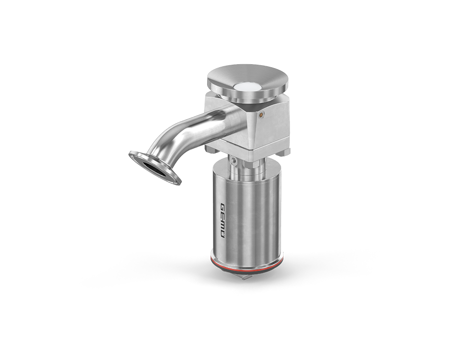 Vanne hygiénique pour réservoirs avec actionnement pneumatique en acier inoxydable et sortie coudée, adaptée aux applications stériles dans l'industrie alimentaire et pharmaceutique.