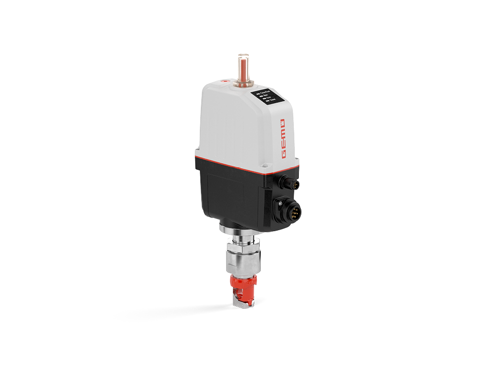 Electric pinch valve with white and black actuator and red pinch mechanism for precise control of sensitive media in industrial applications.