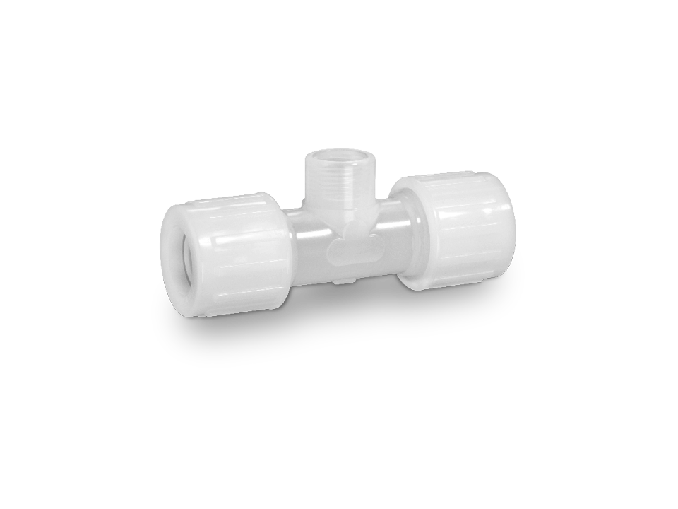 Plastic T-piece with two union nuts and an external thread for secure hose connections in chemical and clean room applications.