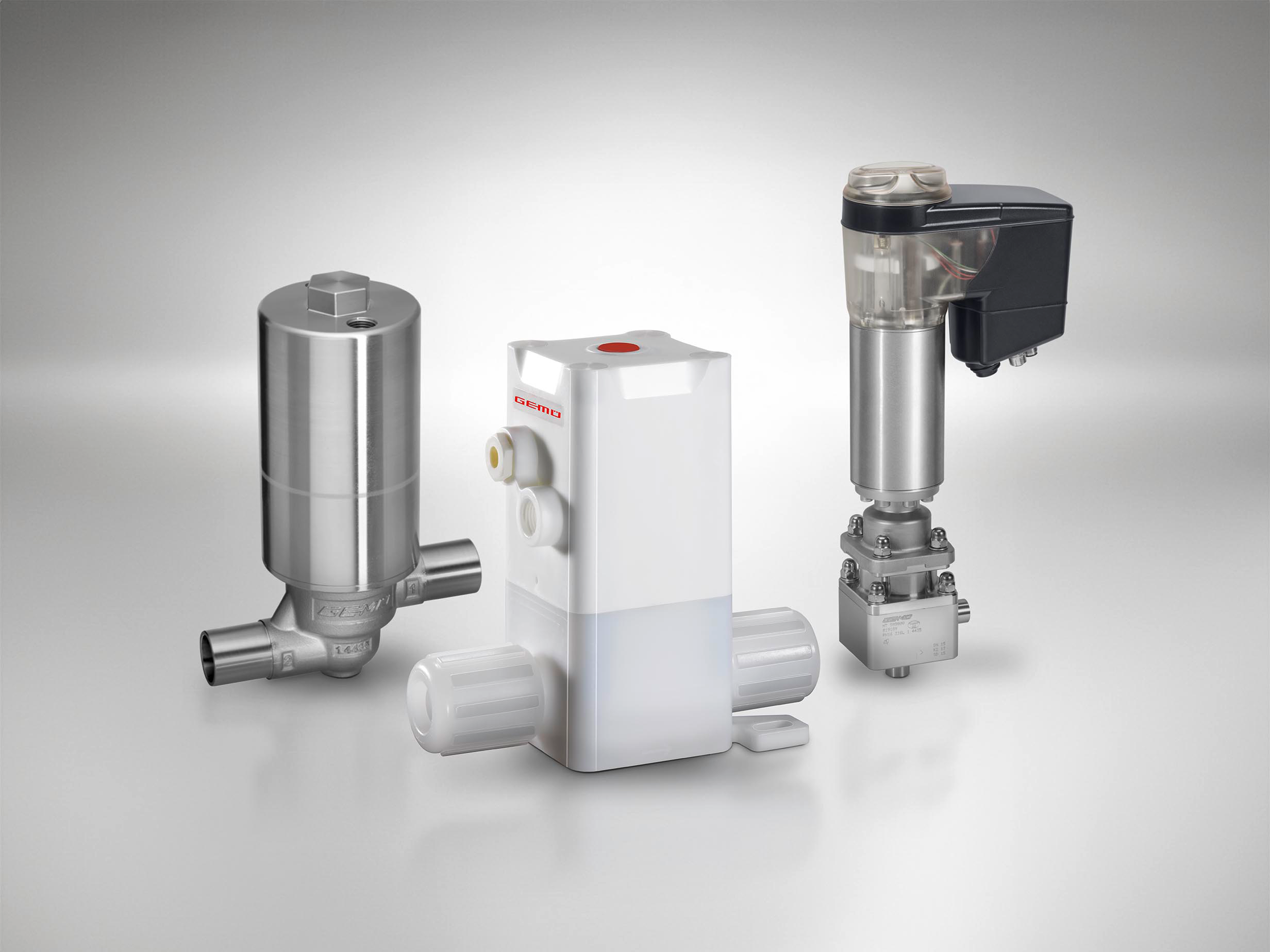 Three GEMÜ diaphragm globe valves with different actuators.