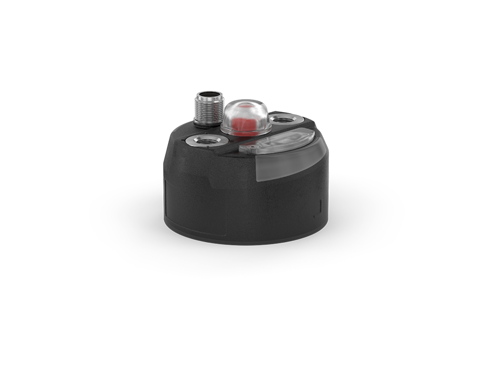 Compact position indicator with black housing and optical position display for detecting valve positions in industrial applications.