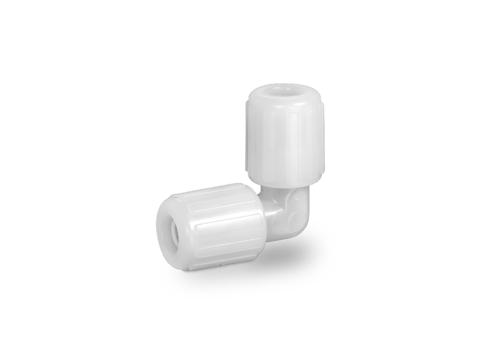 Angle fitting made of white plastic with two cap nuts for secure 90-degree connections of hoses or pipes in industrial applications.