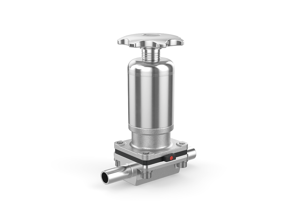Válvula de diafragma manual feita de aço inoxidável com conexão de tubo estéril - ideal para aplicações farmacêuticas, alimentícias e de biotecnologia.