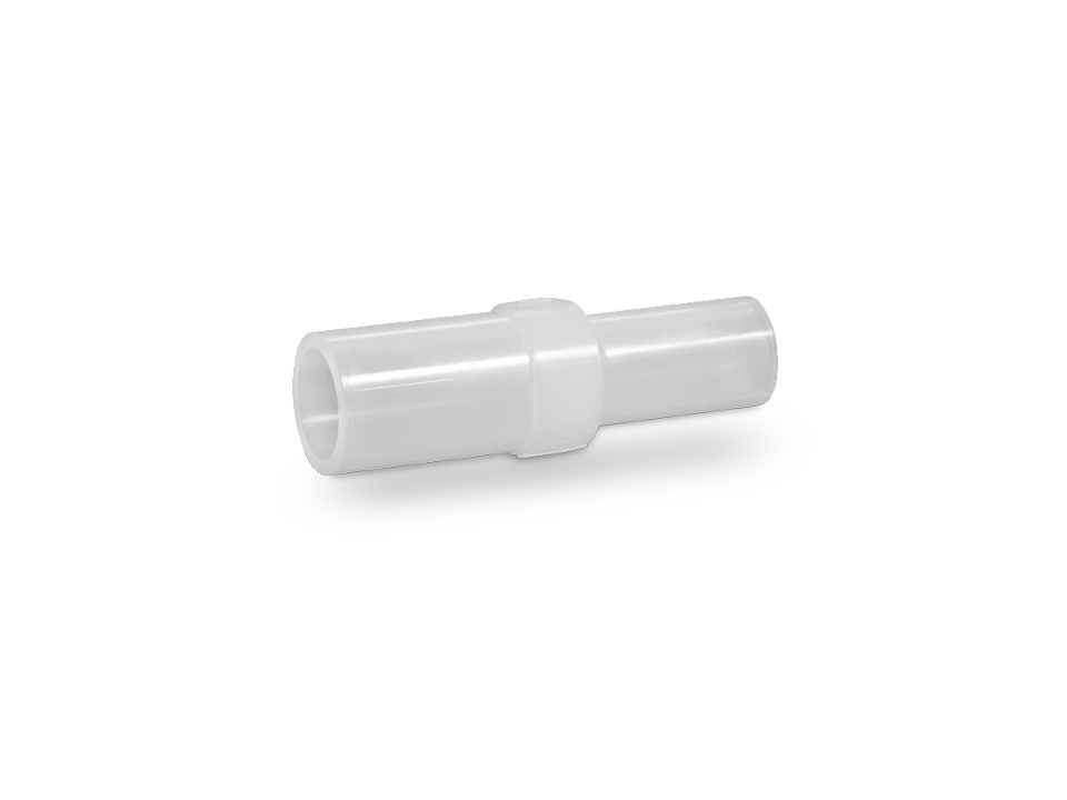 Straight connector made of white plastic with two smooth hose nozzle connections for secure hose connections in industrial applications.