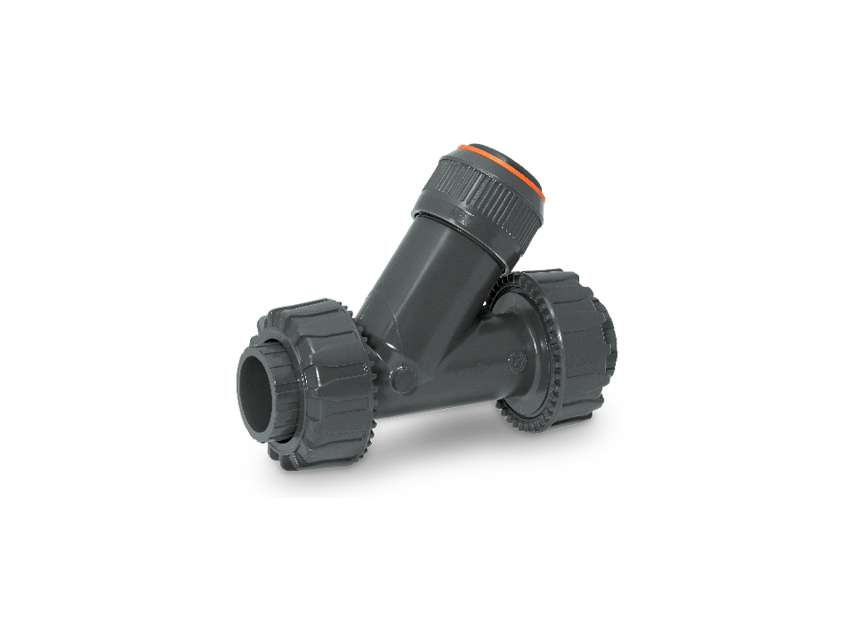 Y-shaped check valve made of gray plastic with union nuts and maintenance-friendly design for industrial applications.