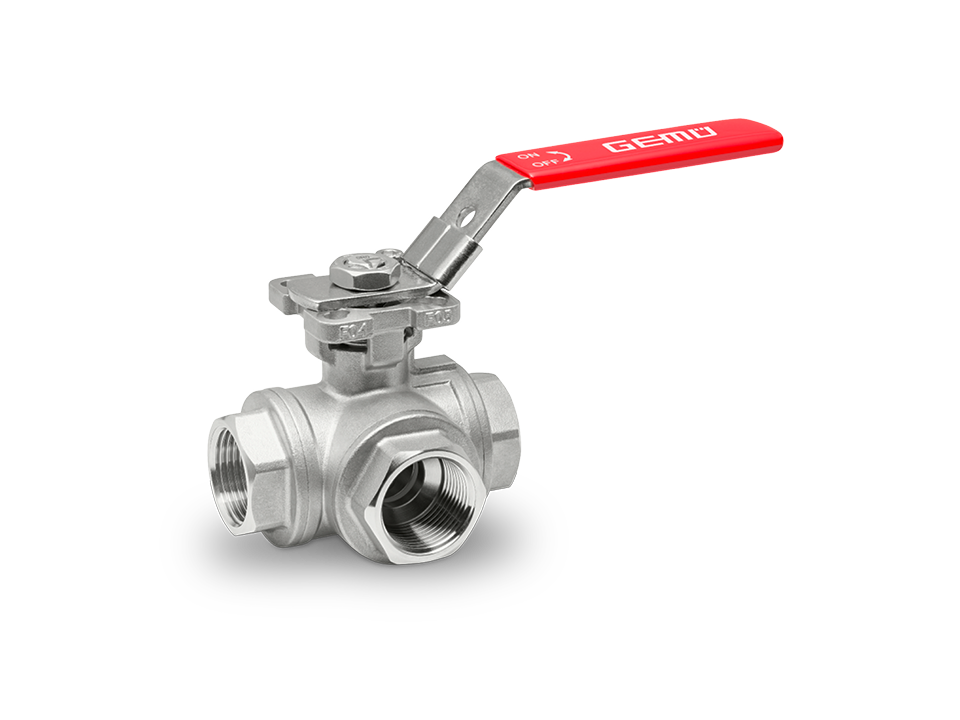 Manual three-way ball valve made of stainless steel with female thread connection and red hand lever – ideal for the chemical, pharmaceutical, and food industries.